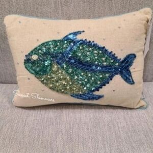 14" Coastal Collection Blue Fish Beaded Sequined Throw Pillow Gorgeous!